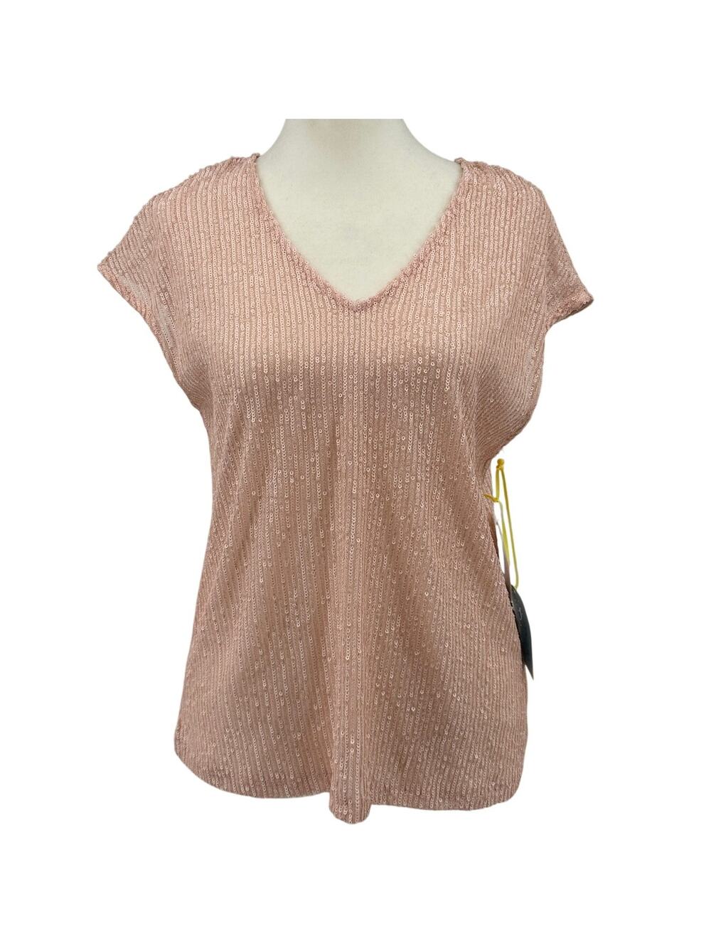 CeCe Sequined Top WMNS XS Blush Pink Cap Sleeve V-Neck Lined Semi Sheer Textured